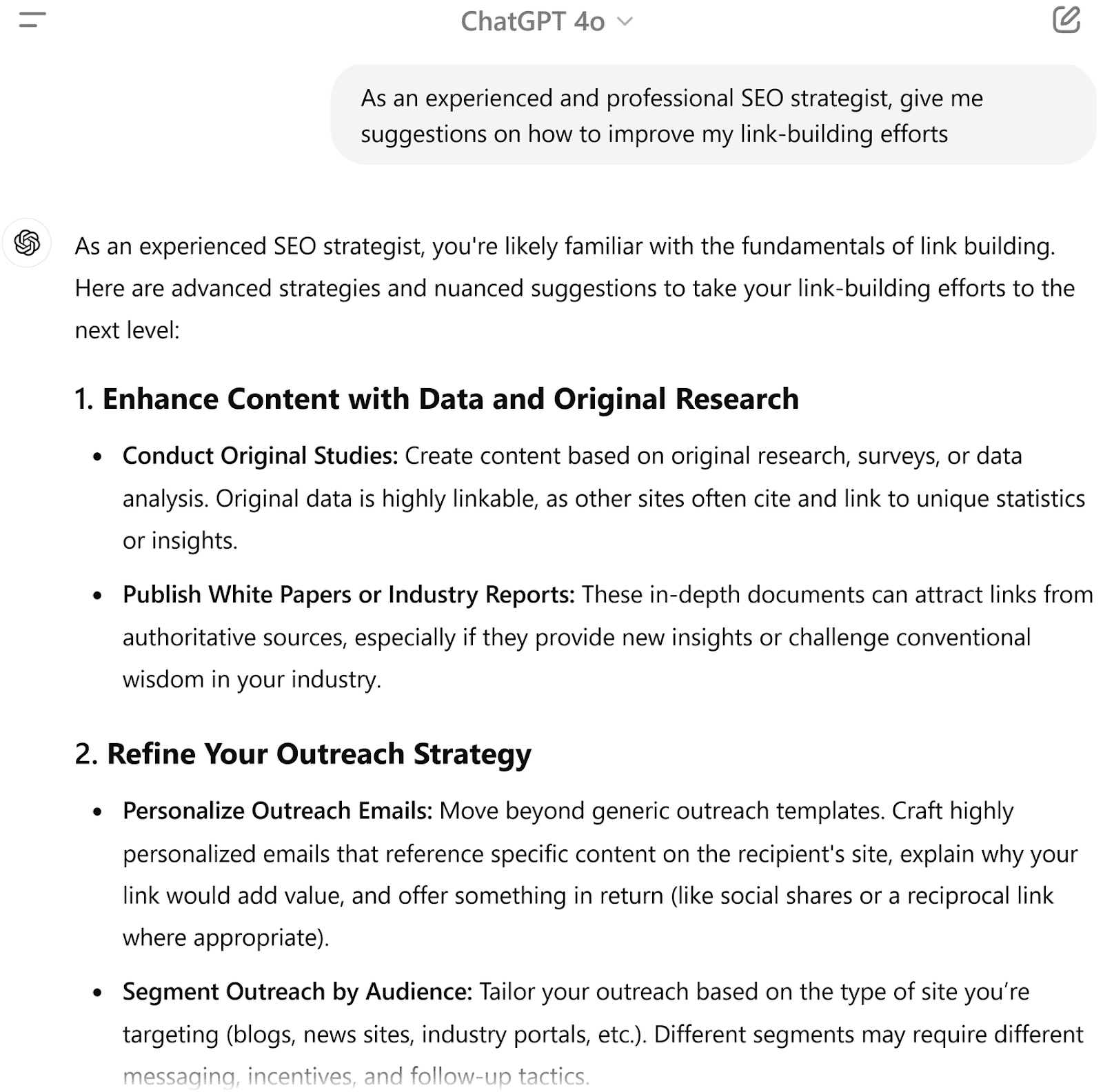 ChatGPT 4o conversation providing advanced suggestions for SEO link-building efforts