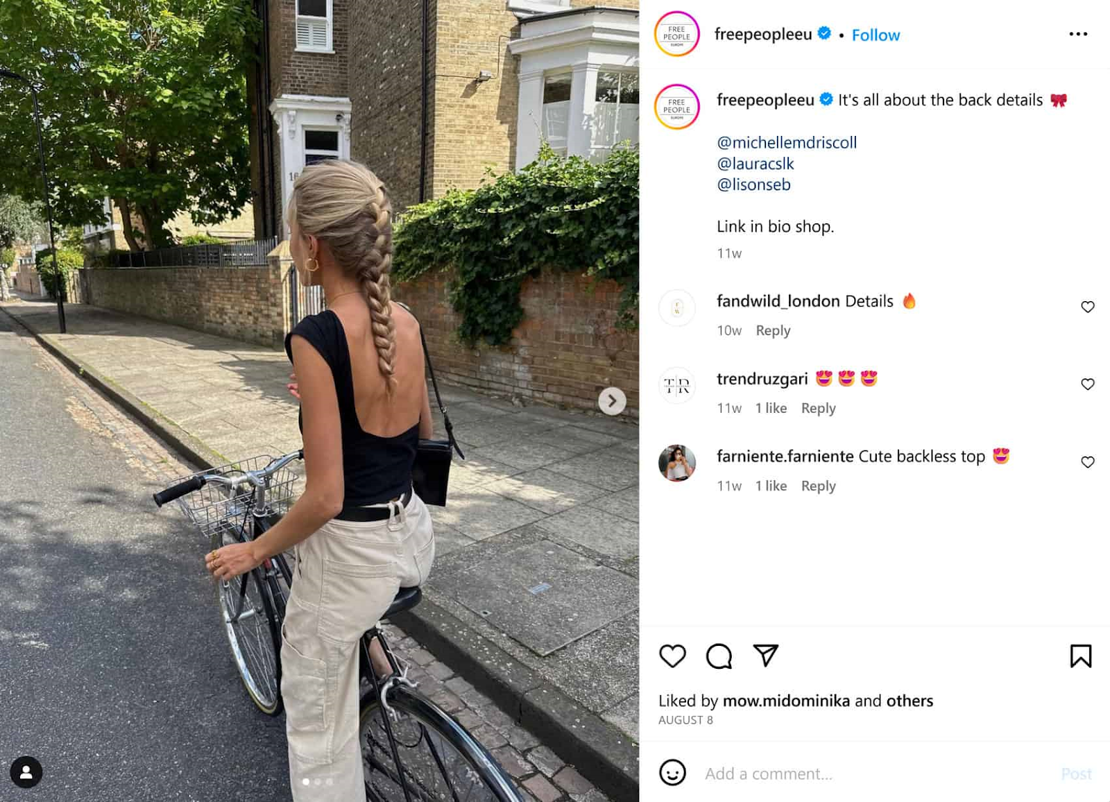 Free People’s Instagram post with a girl on the bike