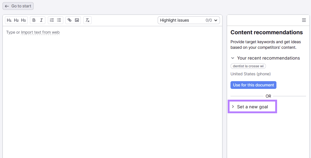 'Set a new goal' drop-down button highlighted in Semrush SEO Writing Assistant