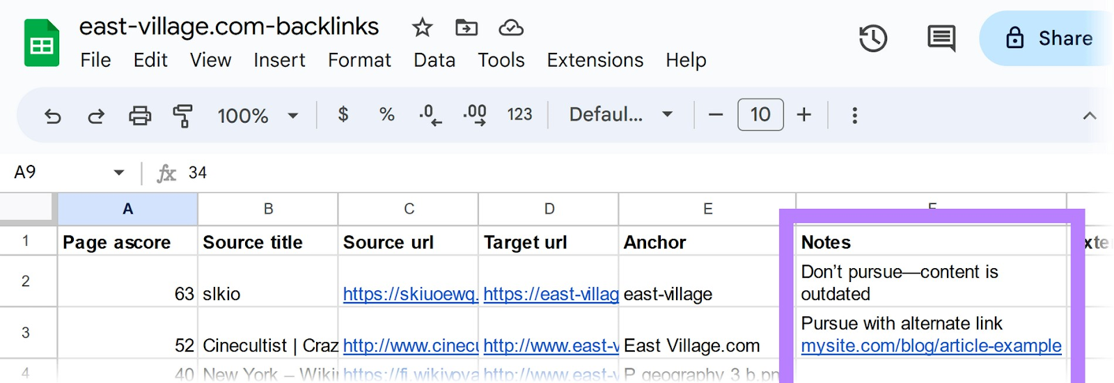 "Notes" highlighted in a speadsheet