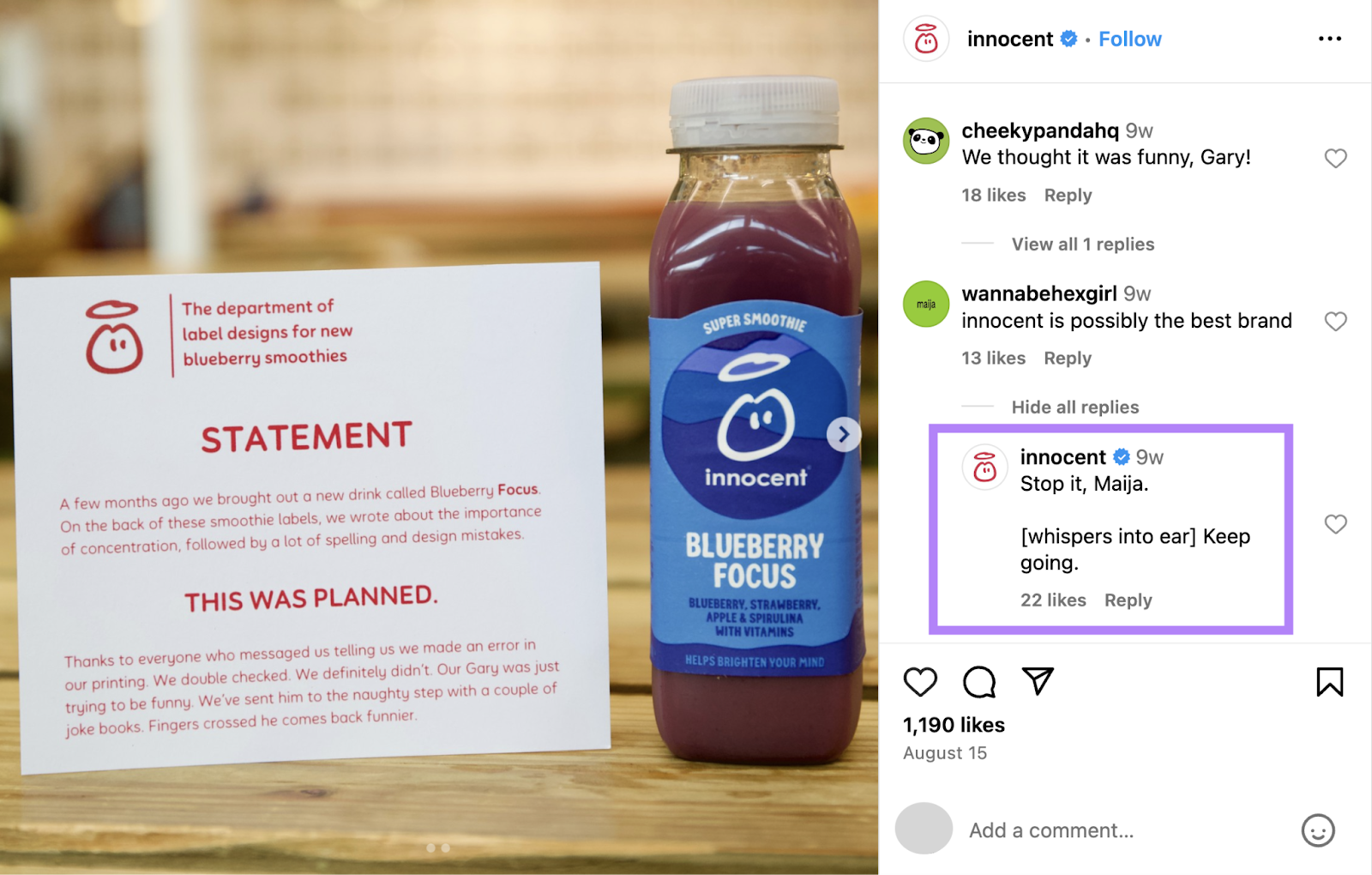 This brand responds in a humorous way to an Instagram comment