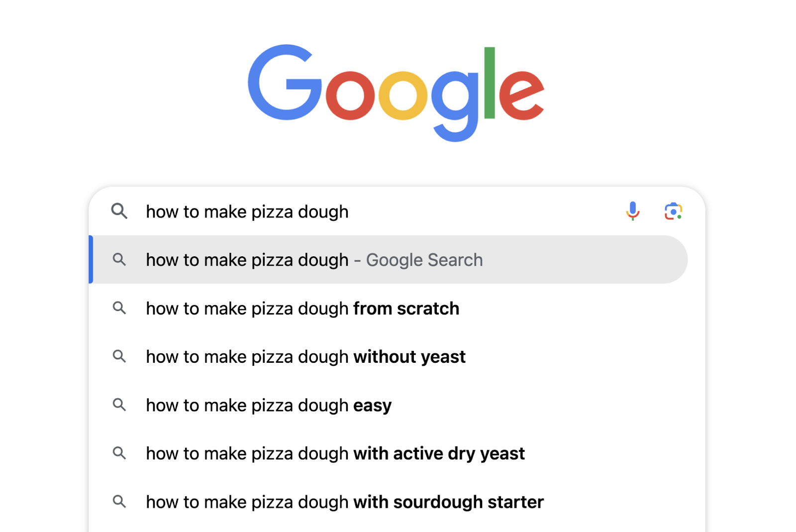 autocomplete suggestions for "how to make pizza dough" include "from scratch," "without yeast," "easy," and more