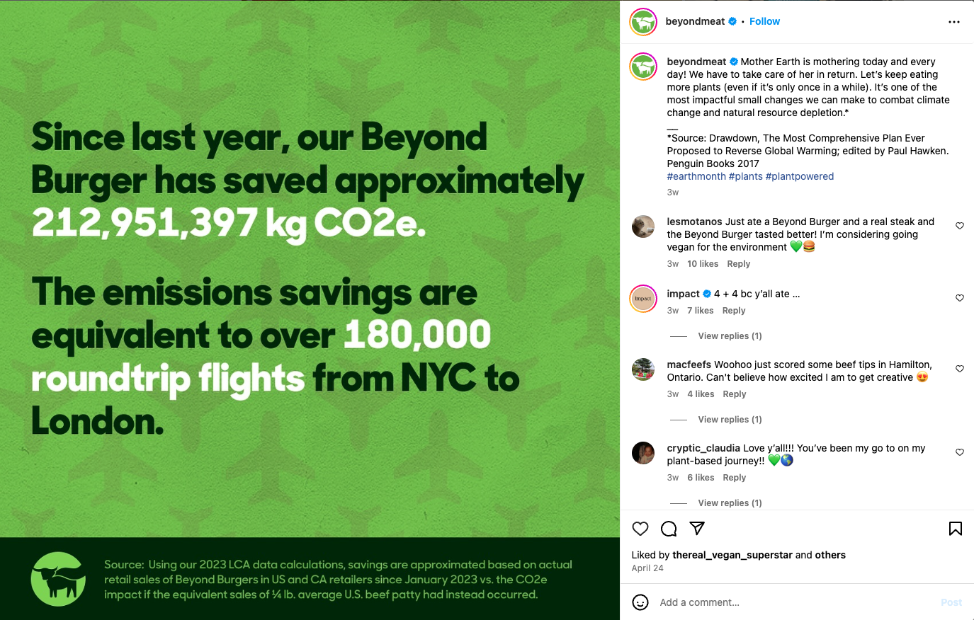 Beyond Meat Instagram post stating how much CO2e they saved last year.