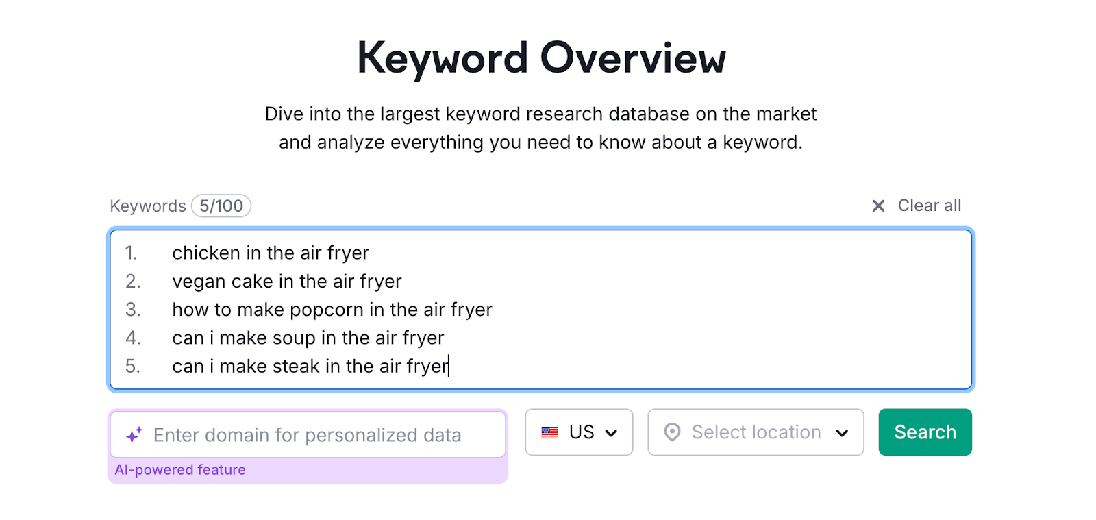 Interface of keyword overview with air fryer keywords