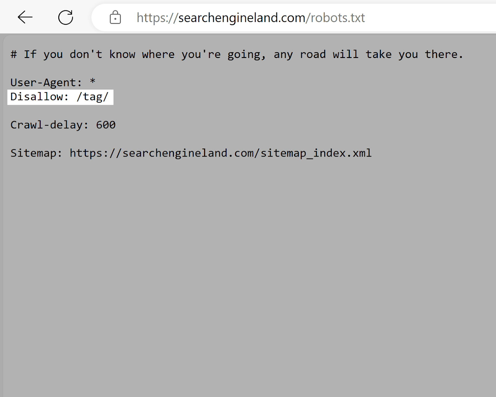 Search Engine Land robots.txt file with highlight showing disallowed URL path.