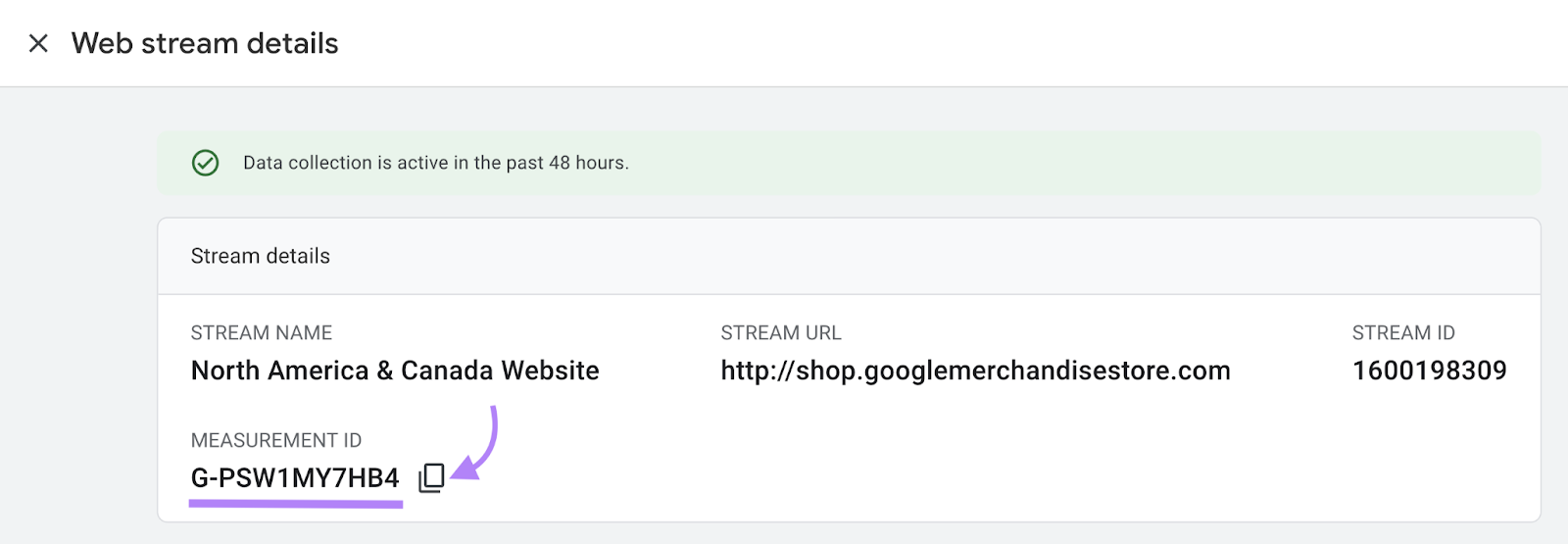 “Measurement ID” section under "Web stream" details