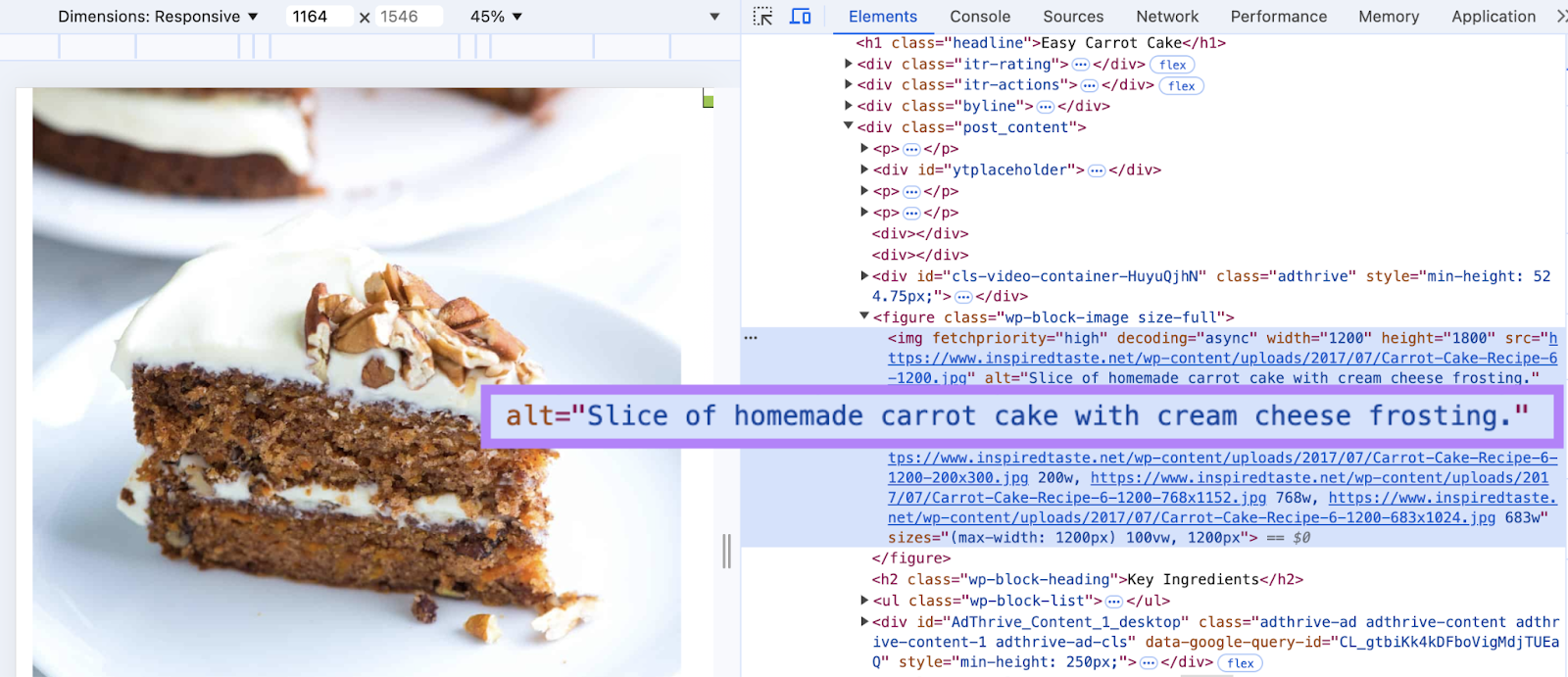 an image of a carrot cake on a recipe blog has the alt tag, as shown in the code, alt="Slice of homemade carrot cake with cream cheese frosting."