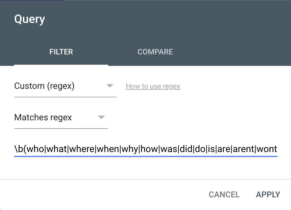 “Custom (regex),” and “Matches regex" selected under GSC "Query" window