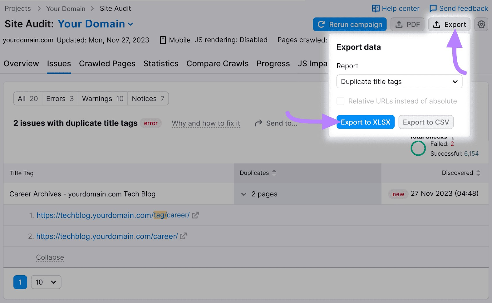 “Export data" pop-up window in Site Audit