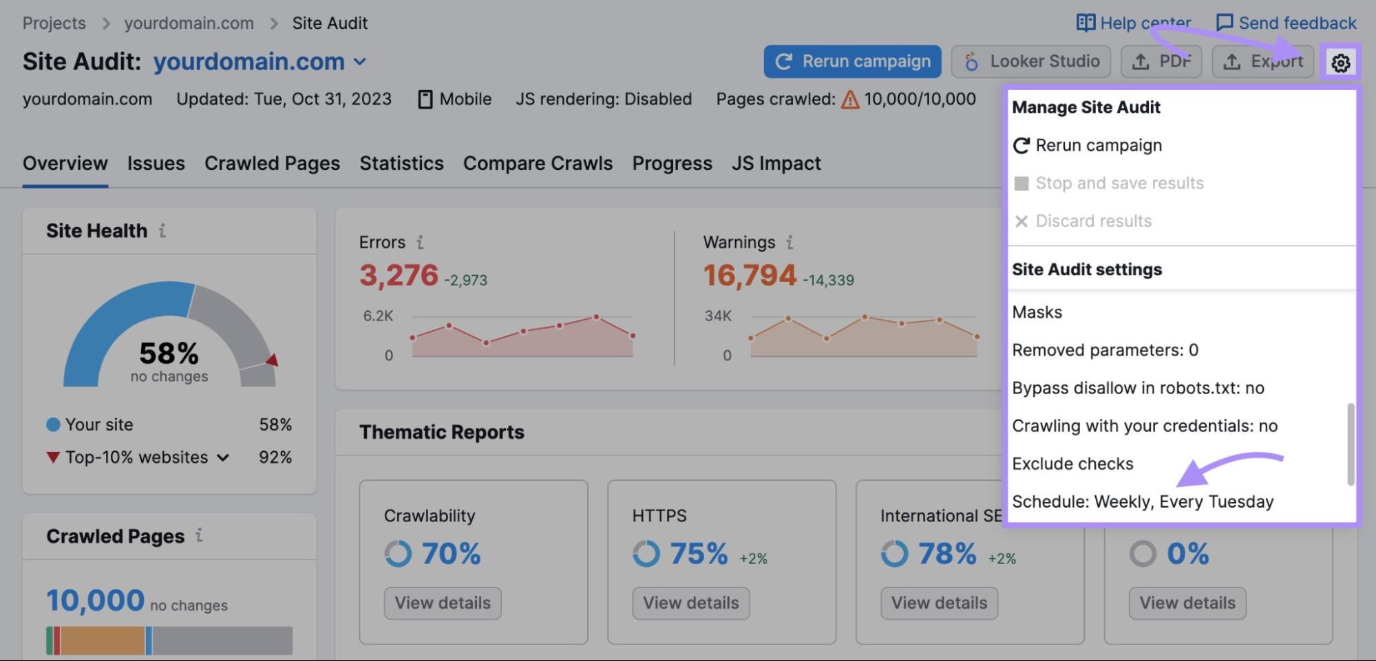 Schedule regular crawls under Site Audit settings