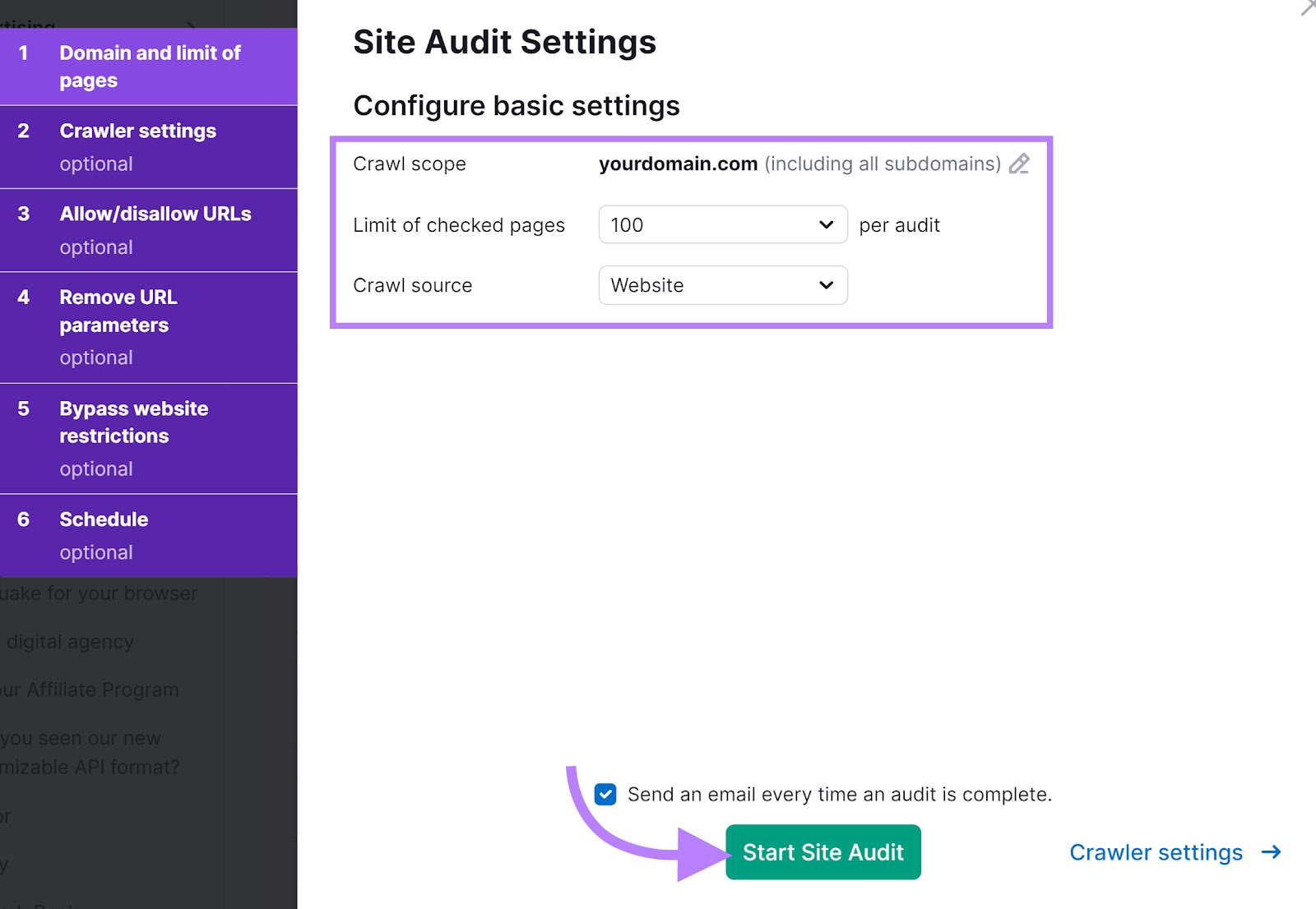 "Site Audit Settings" window with the "Configure basic settings" section and "Start Site Audit" button highlighted.