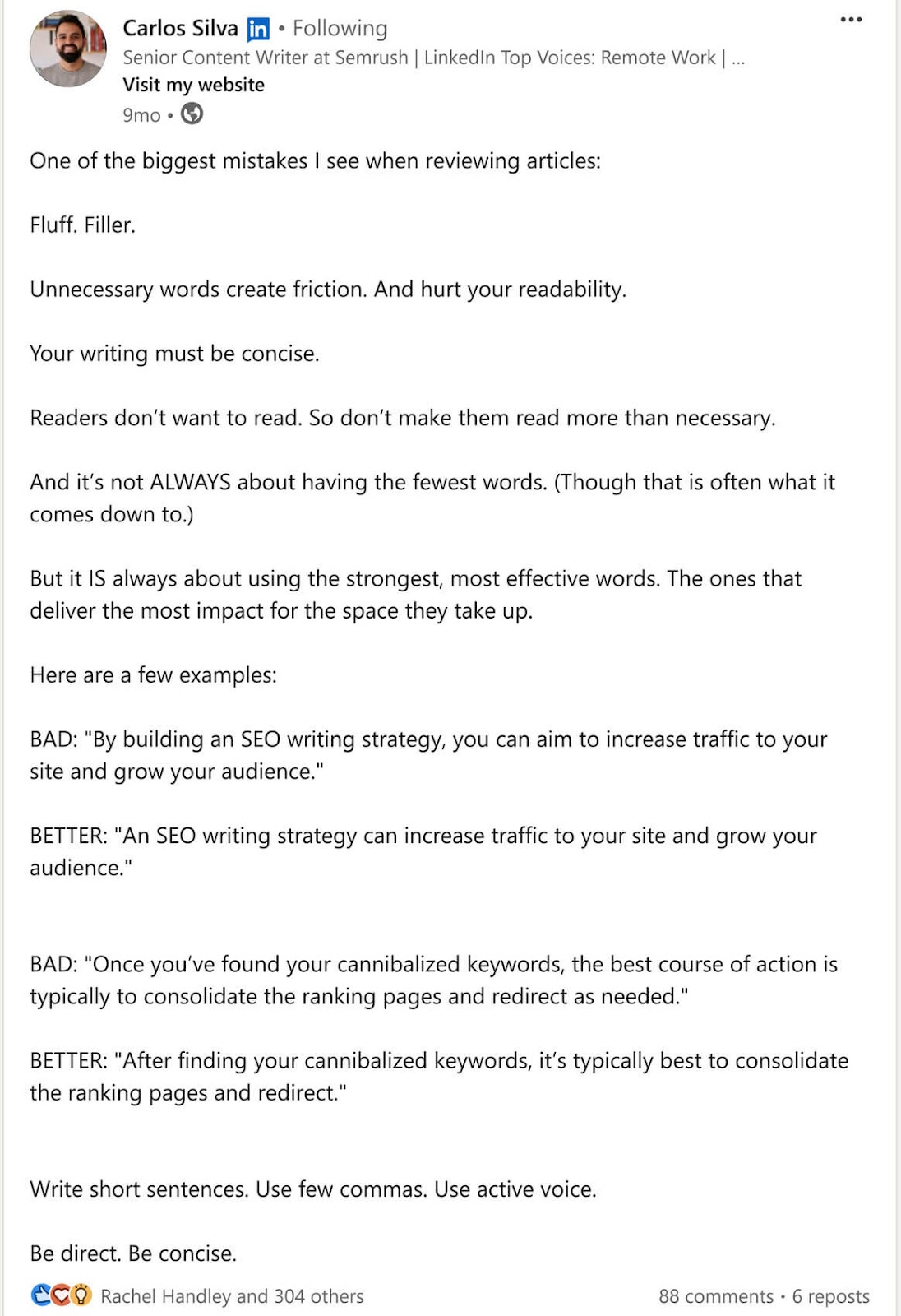 LinkedIn post from Carlos Silva, senior content writer at Semrush, on one of the biggest mistakes when writing content