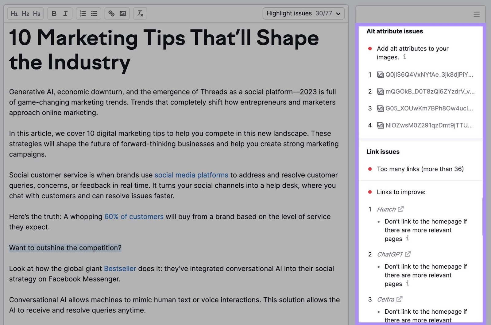 Alt attribute issues and link issues highlighted in the right-side column