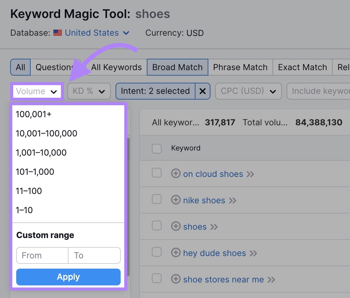 "Volume" filter drop-down menu in Keyword Magic Tool