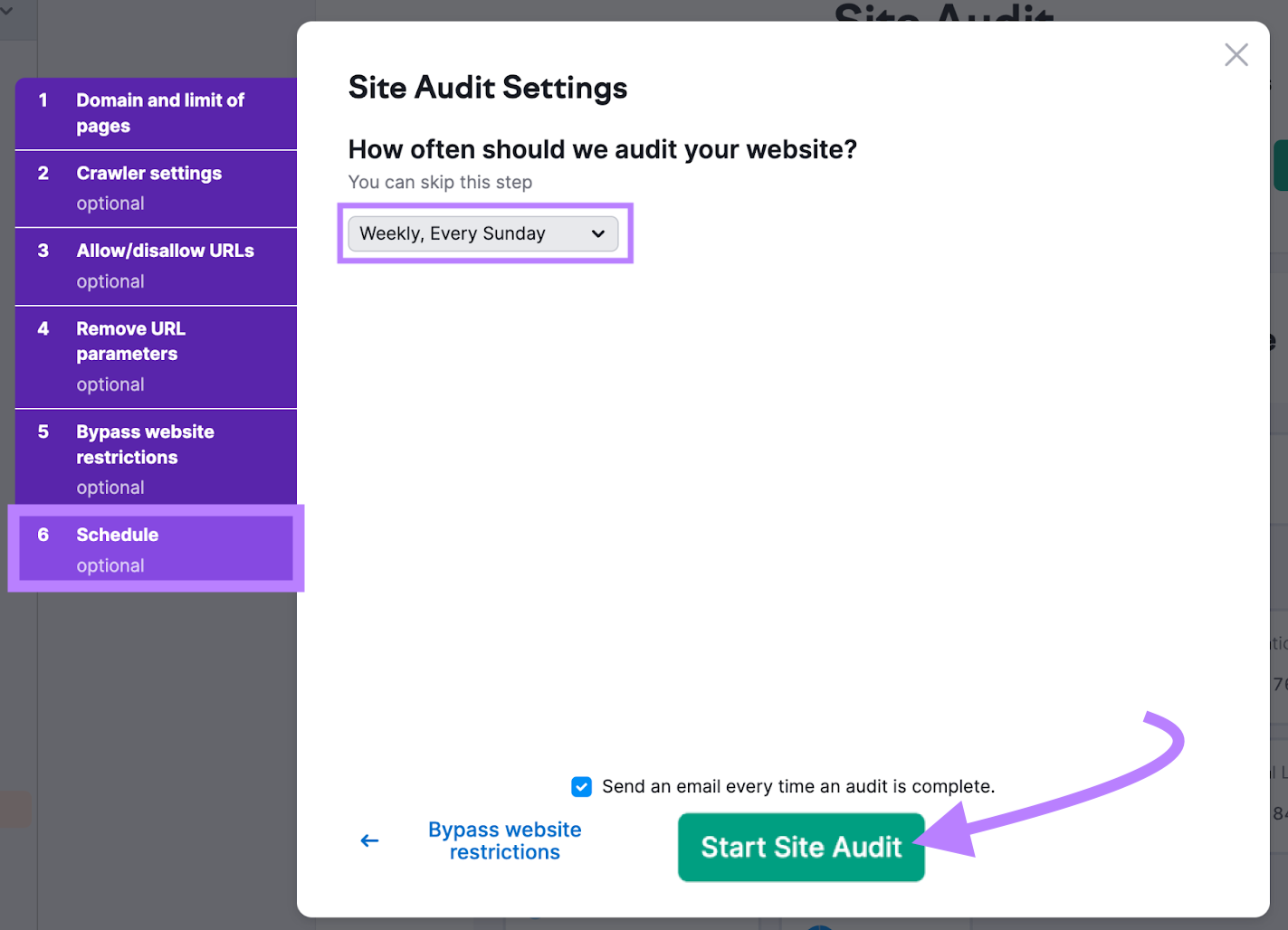 Site Audit schedule set to "Weekly, Every Sunday"