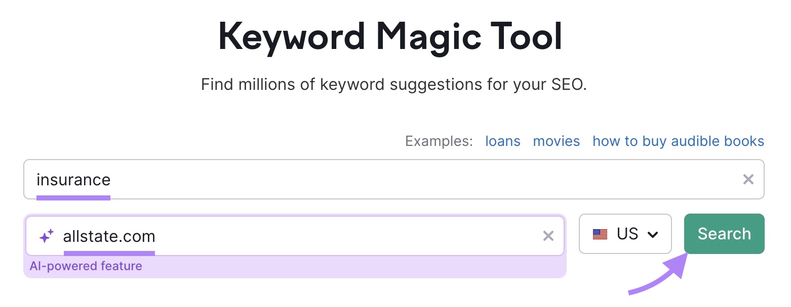 "Keyword Magic Tool" start with "insurance" entered as the search term, "allstate.com" as the domain, and "Search" clicked.