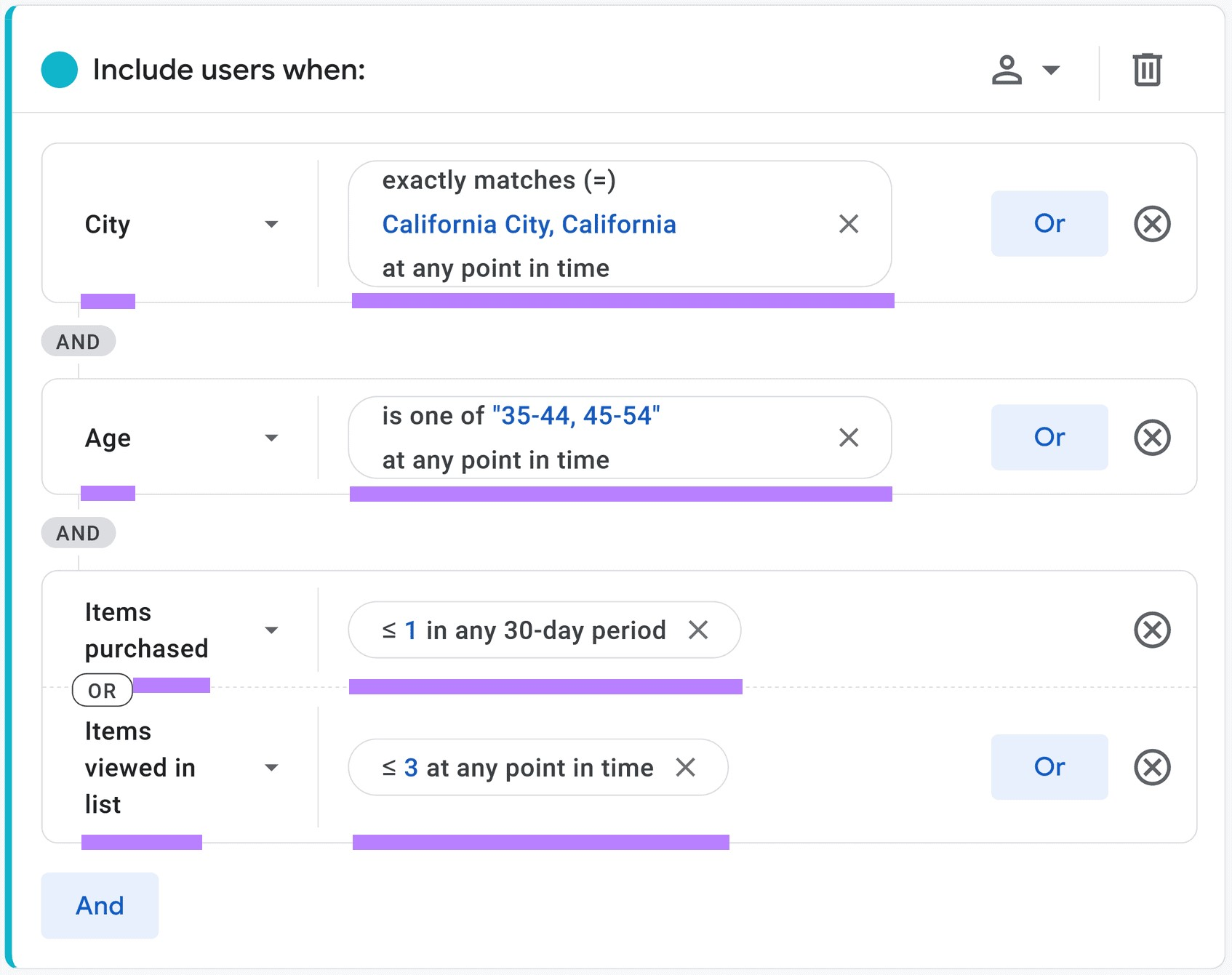 An example of using "Include users when:" filter when creating custom audiences