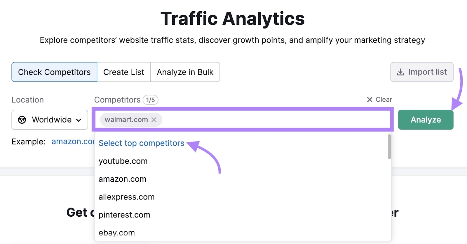 Semrush Traffic Analytics tool start with a domain entered, and "Select top competitors" from the drop-down and the "Analyze" button marked with purple arrows