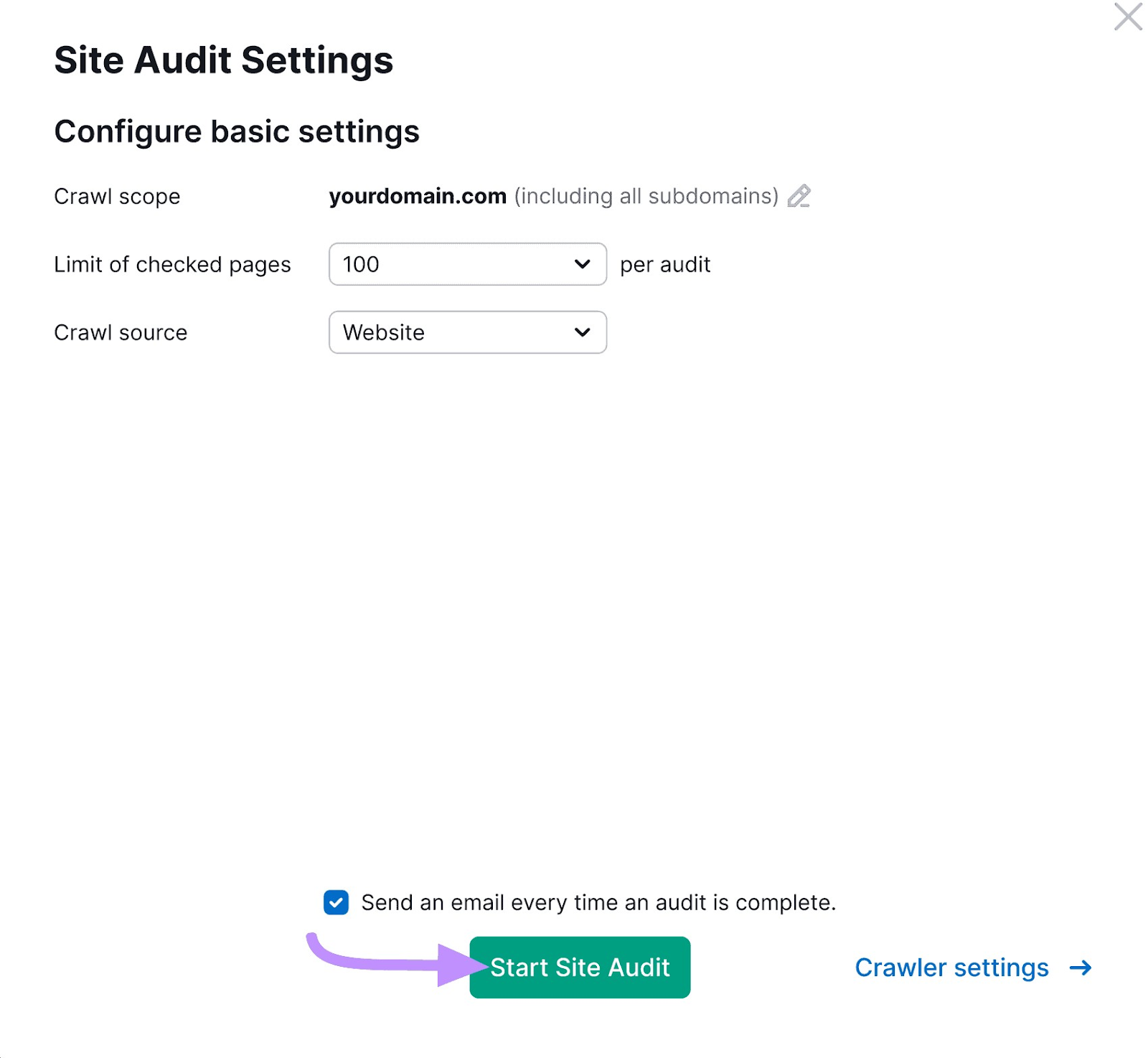 "Site Audit Settings" page