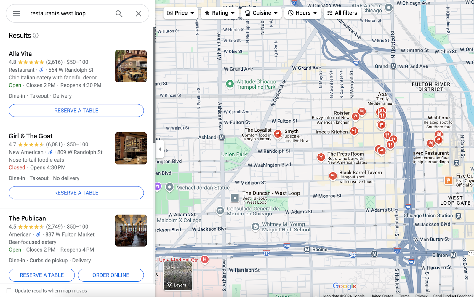 businesses listed on the left side of Google Maps after searching "restaurants west loop"