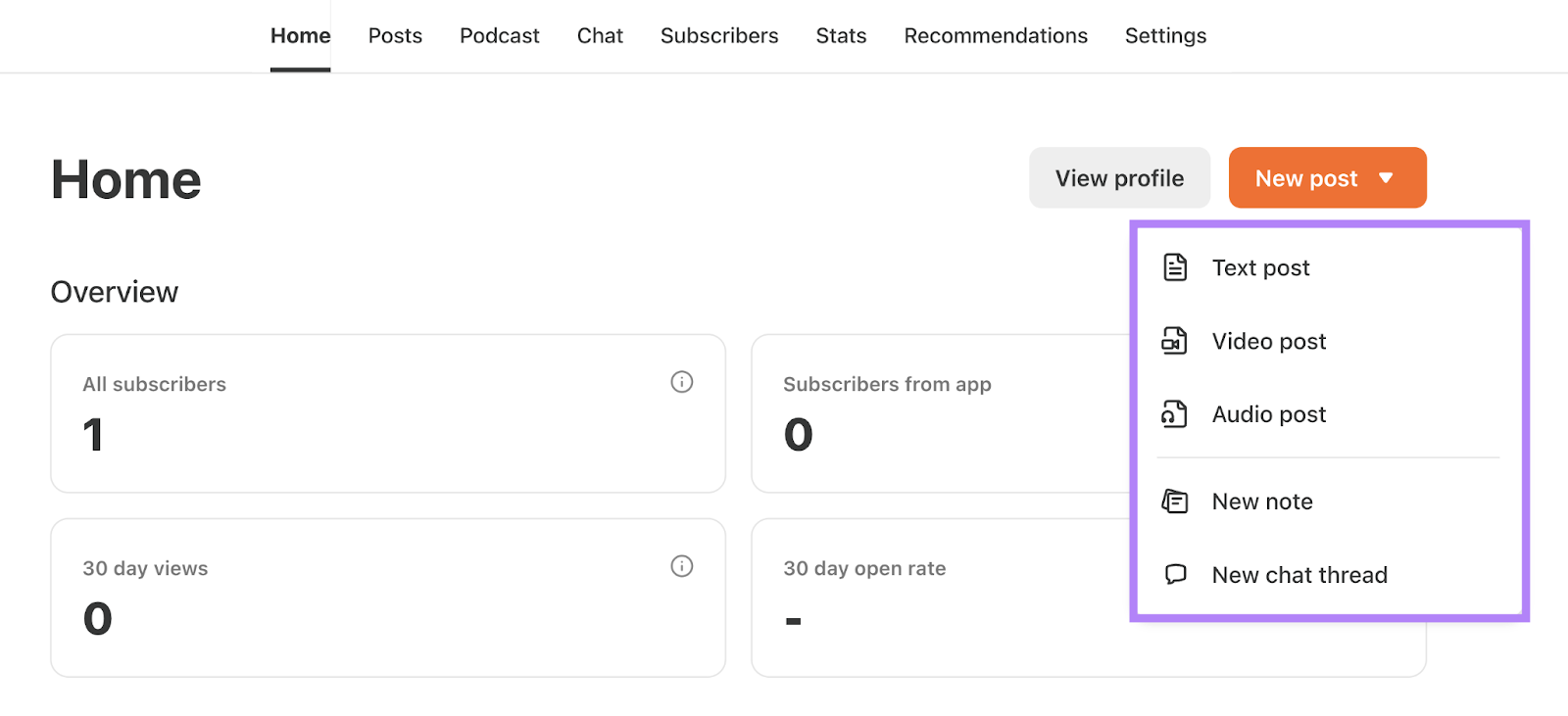 substack blogging platform's new post options