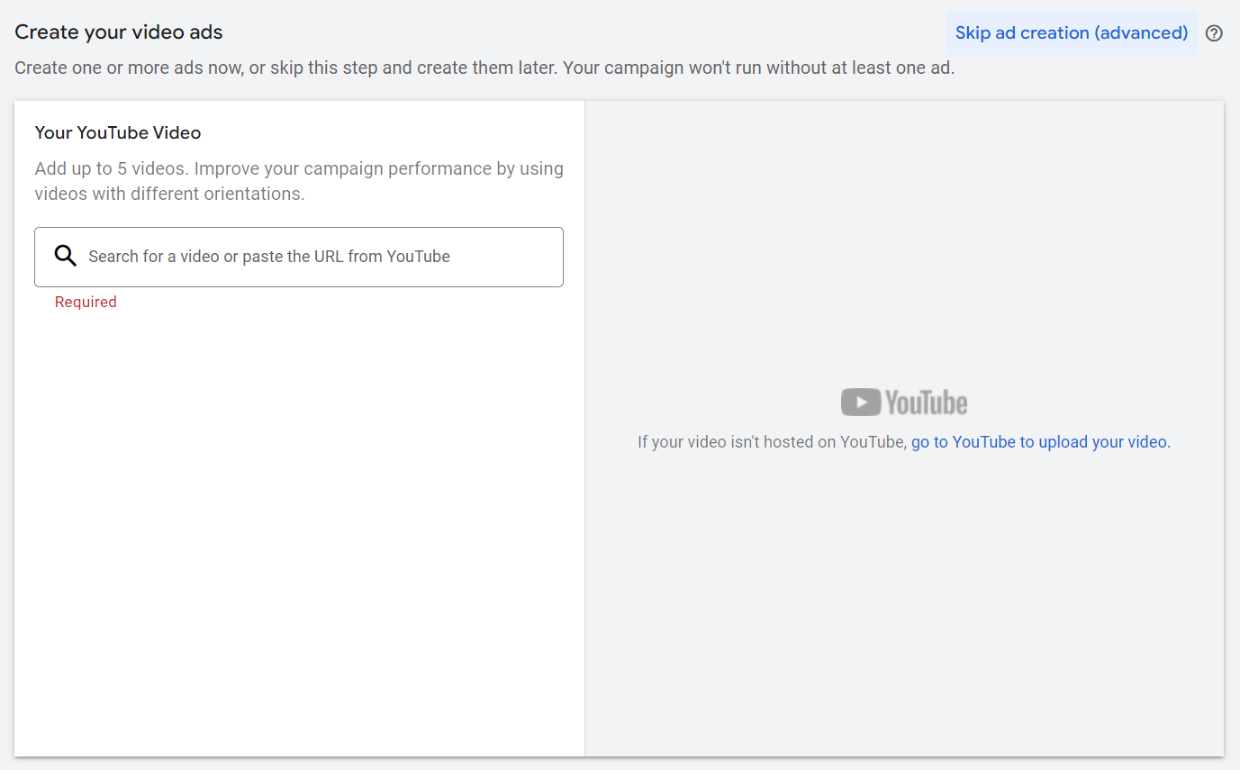 “Create your video ads” section in Google Ads