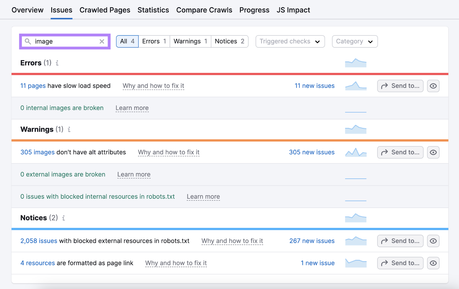 Image SEO issues include slow load speed, internal broken images, missing alt attributes, blocks resources, etc.