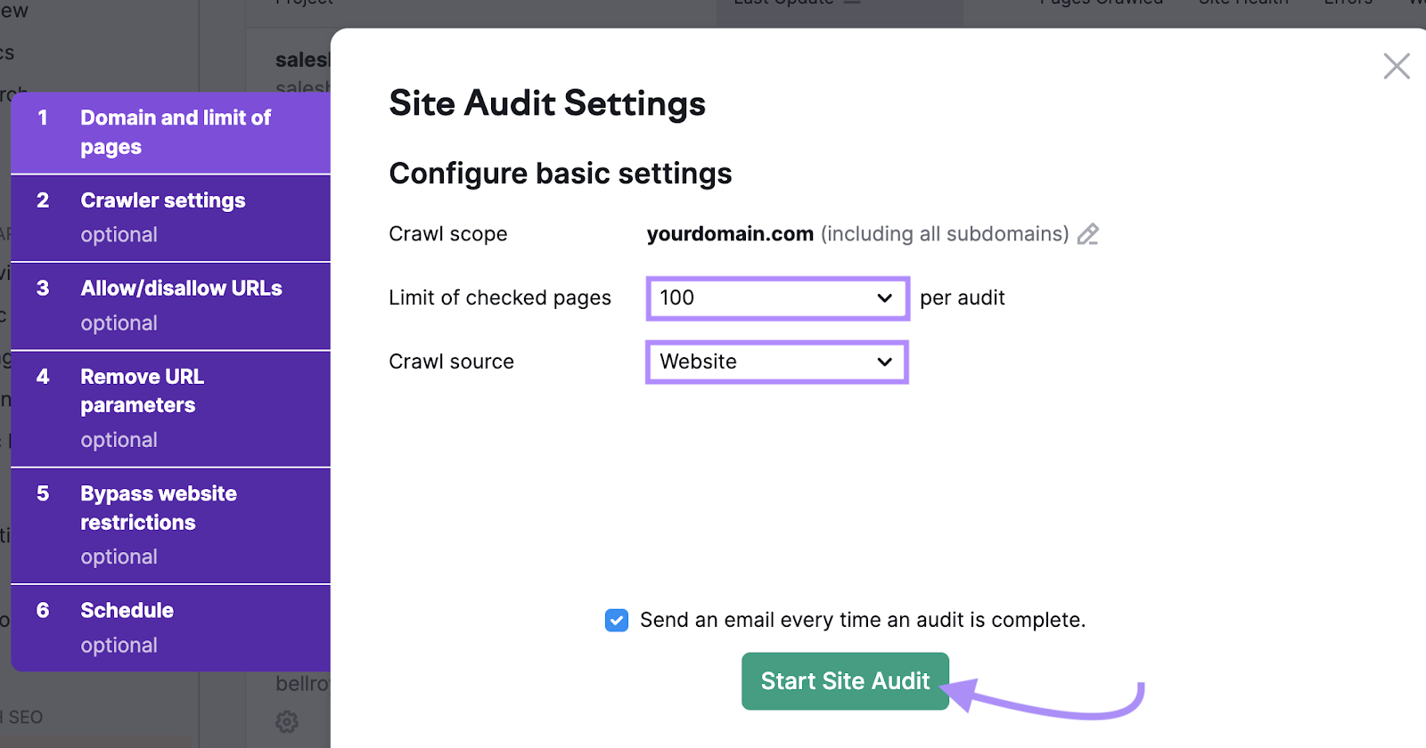 "Site Audit Settings" window