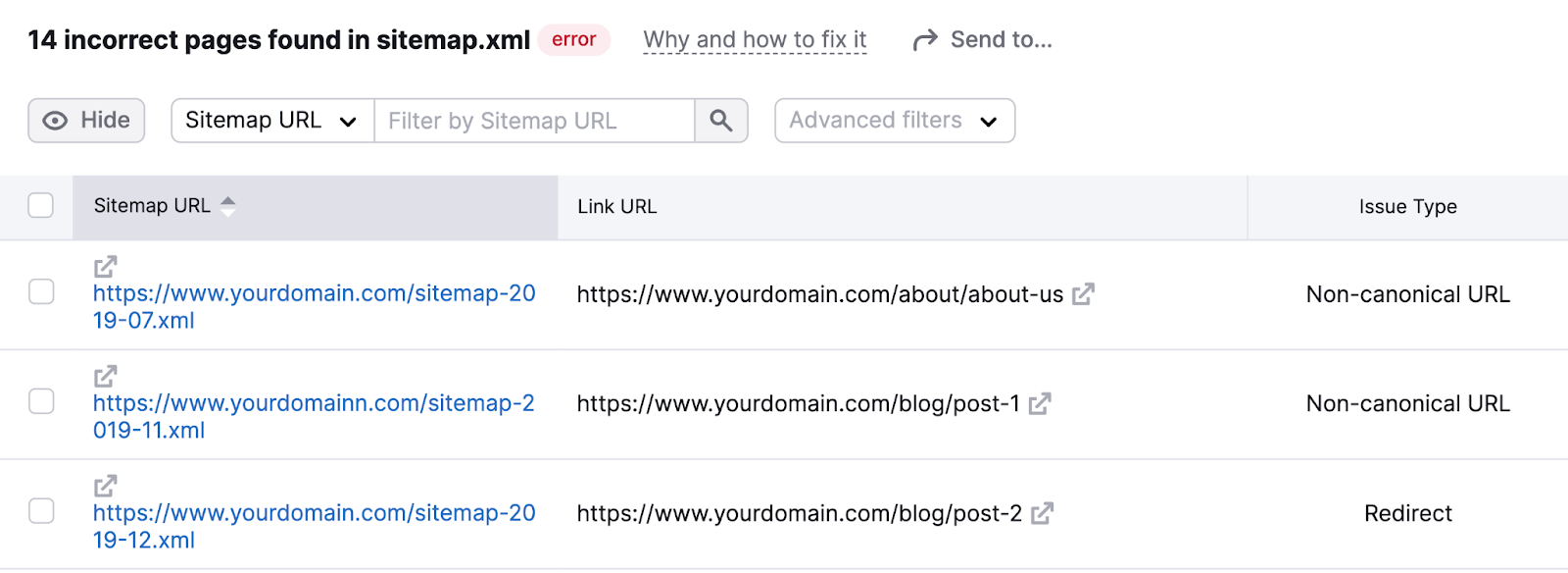 list of sitemap urls and the link urls with issue type. for example non-canonical URL or redirect.