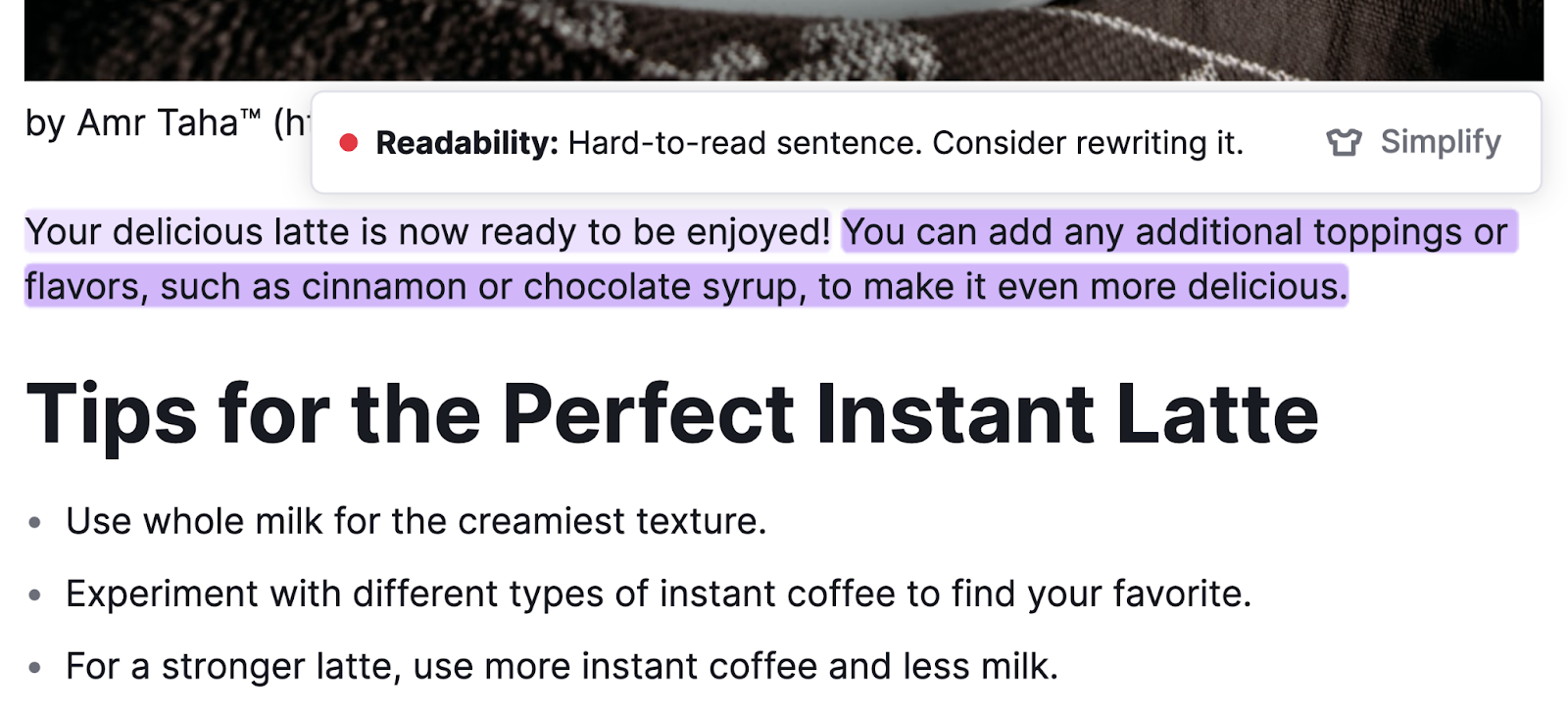 sentence highlighted in draft with label "hard to read sentence. consider rewriting"