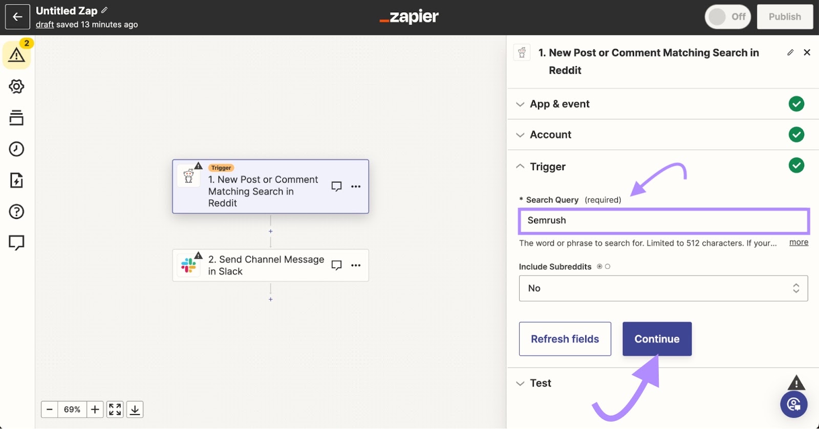 "Semrush" added under "Search query" in Zapier workflow