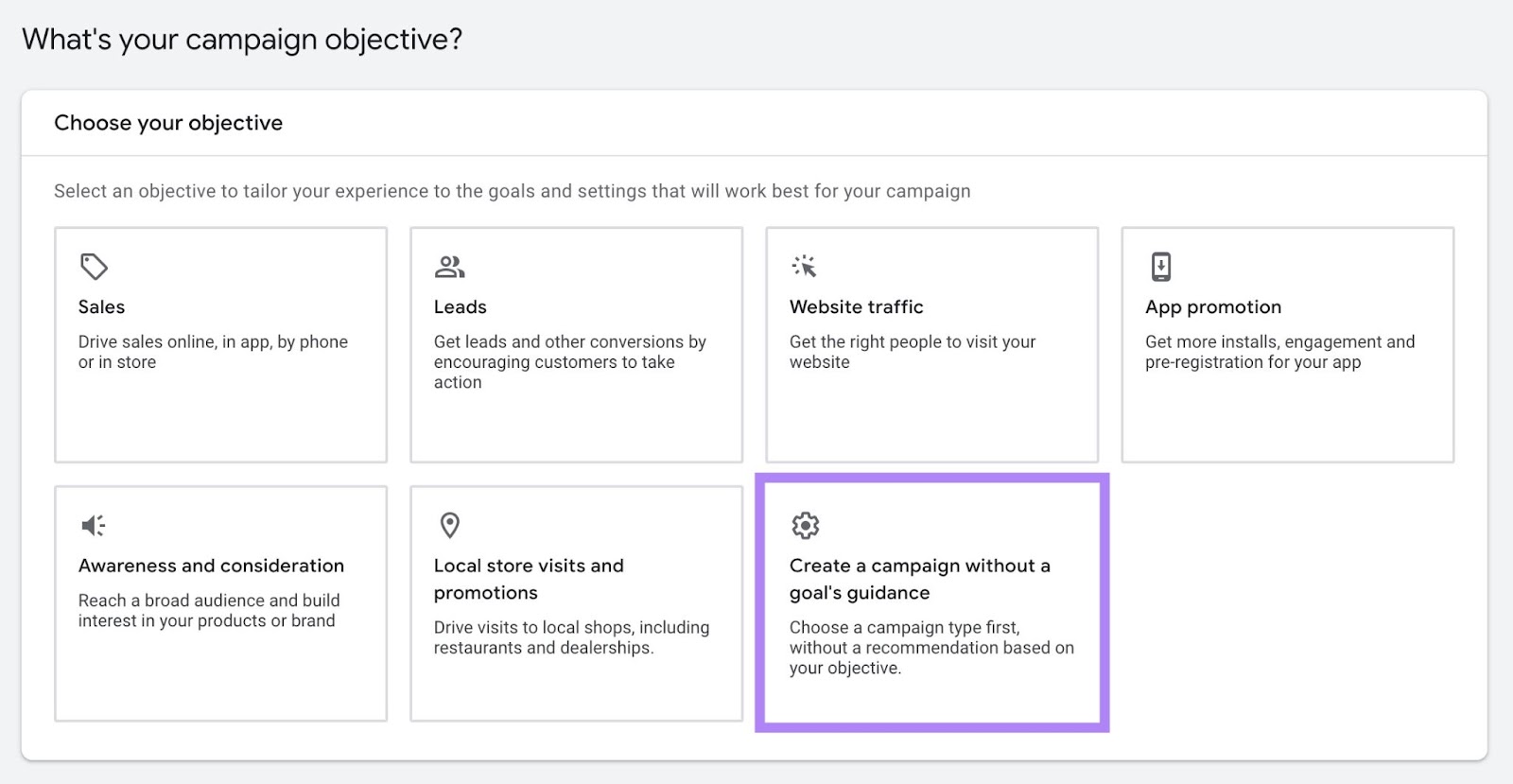 Page with a list of campaign objectives to choose from with 'Create a campaign without a goal's guidance' selected.