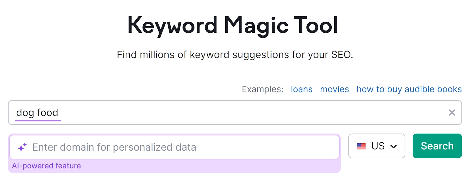 Keyword Magic Tool with the "dog food" keyword highlighted.