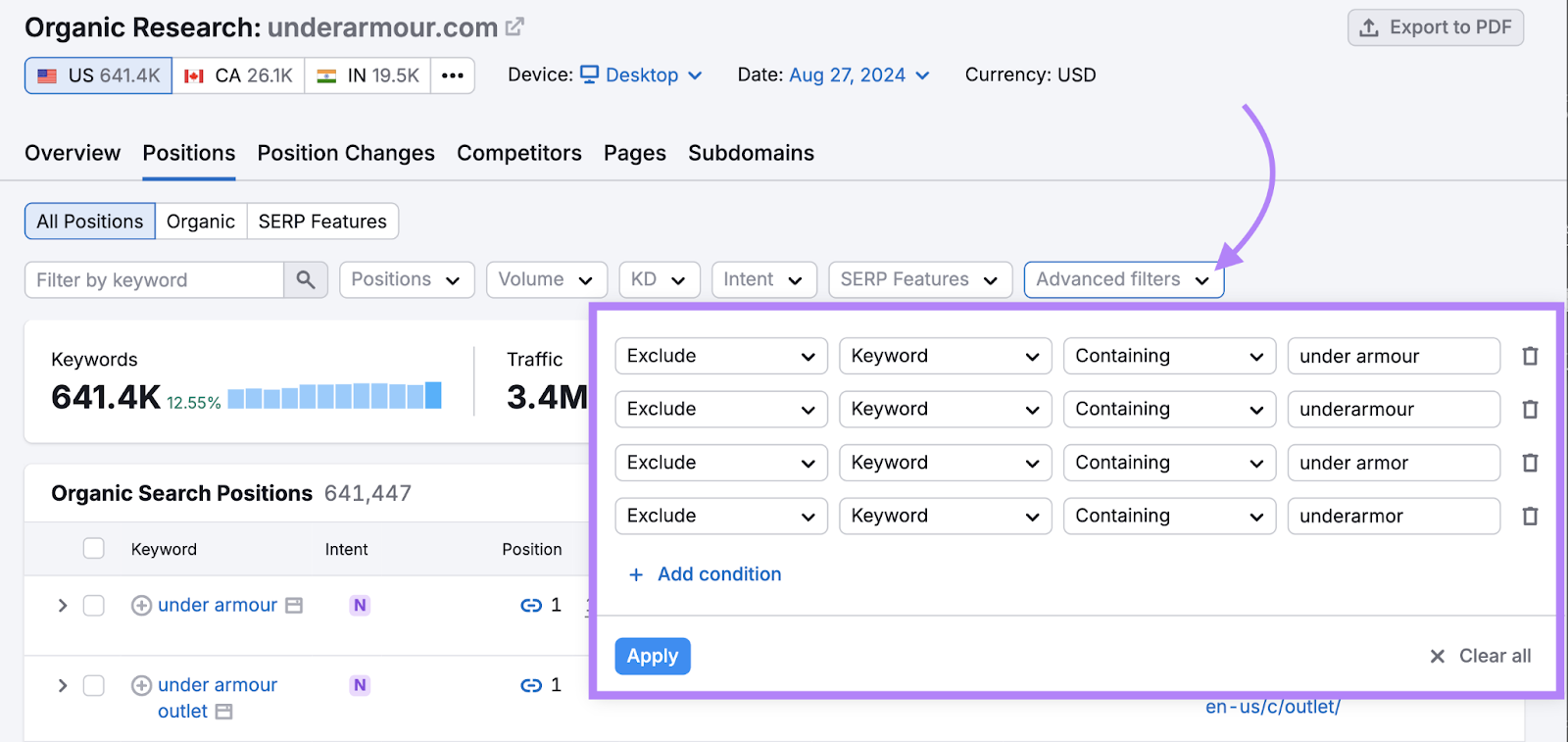 advanced filters with versions of brand name excluded