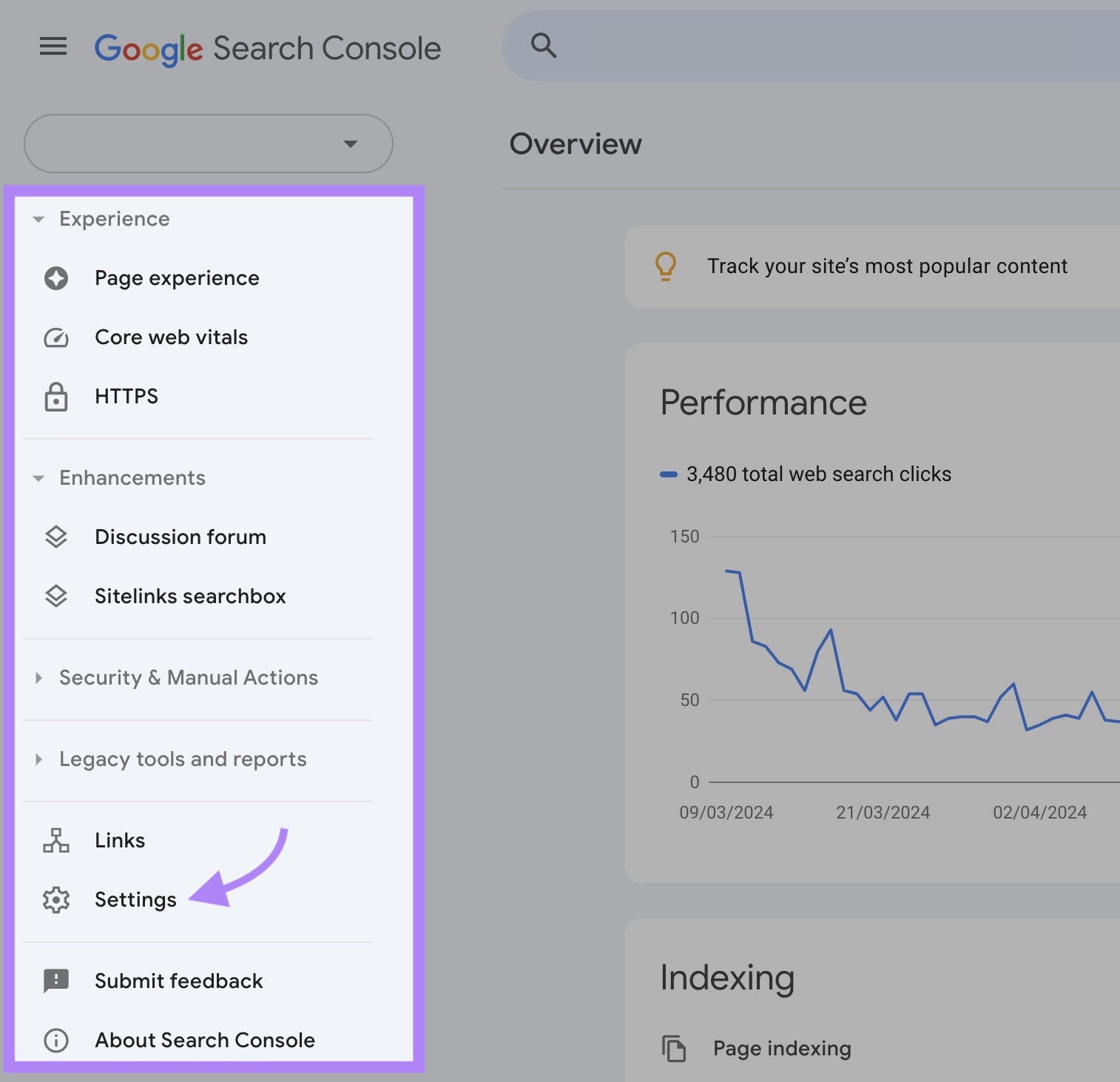 Left-hand side navigation bar on Google Search Console with "Settings" clicked.