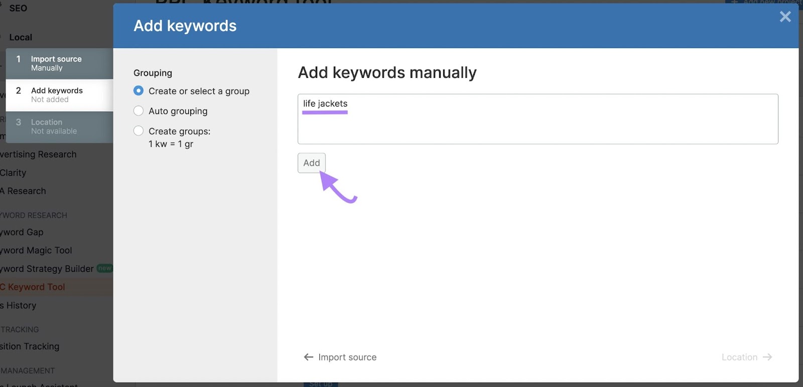 'life jackets' keyword added in 'Add keywords' window and 'Add' button highlighted in Semrush PPC Keyword Tool