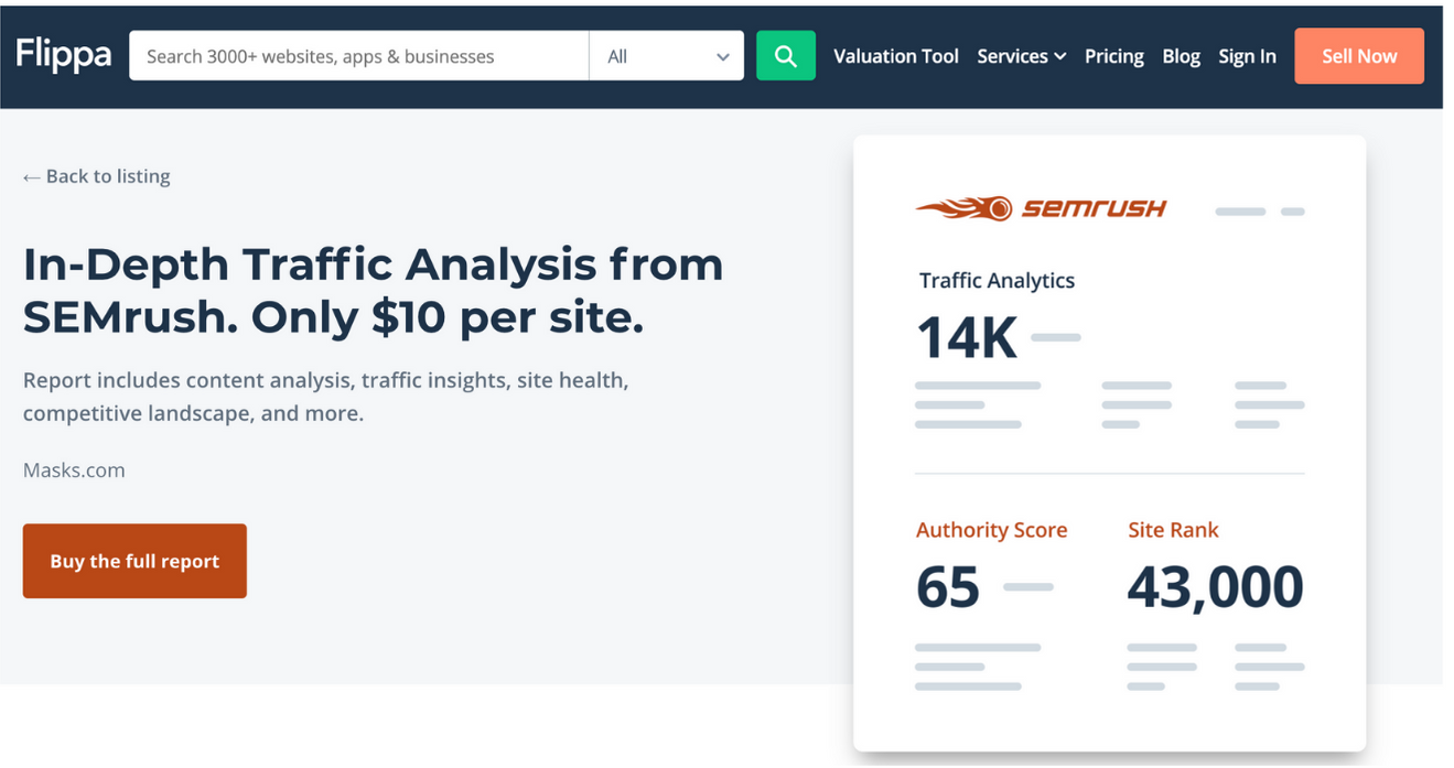 Semrush Data on Flippa