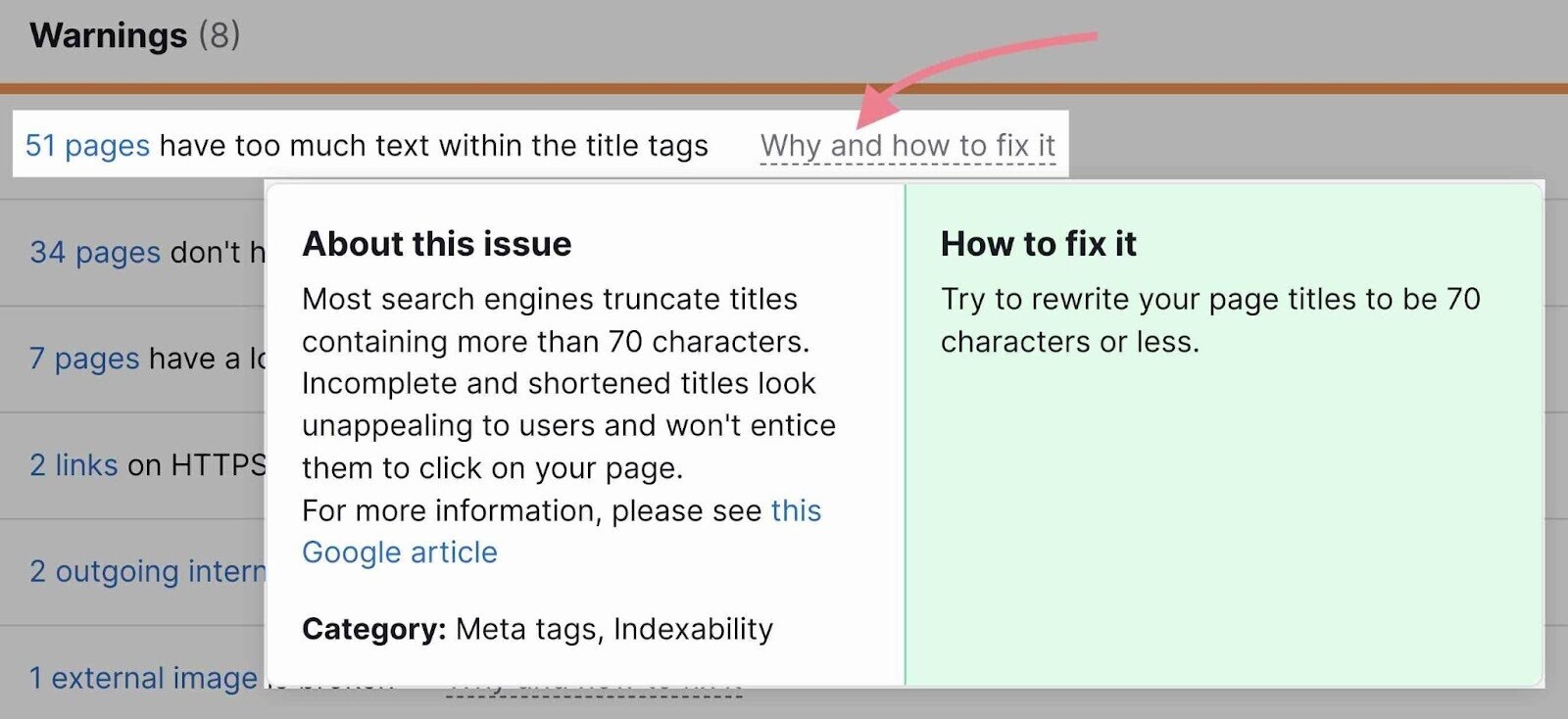 “Why and how to fix it” clicked showing a short description of an issue, tips on how to fix it, and useful links to relevant tools