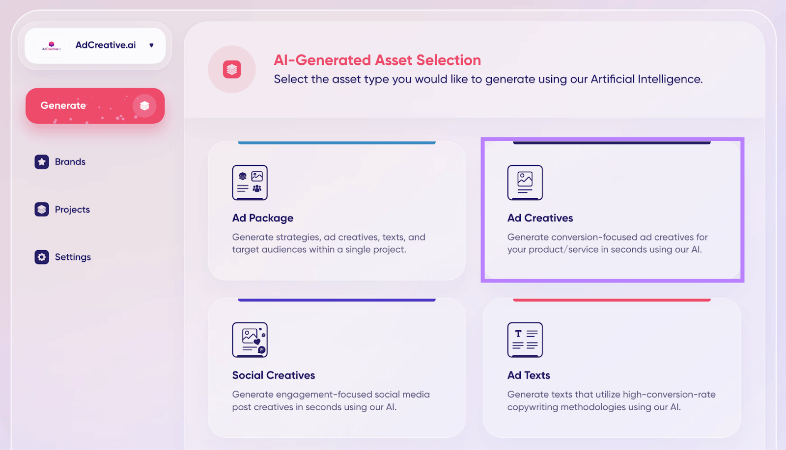 Ad Creatives option highlighted in Semrush AdCreative.ai