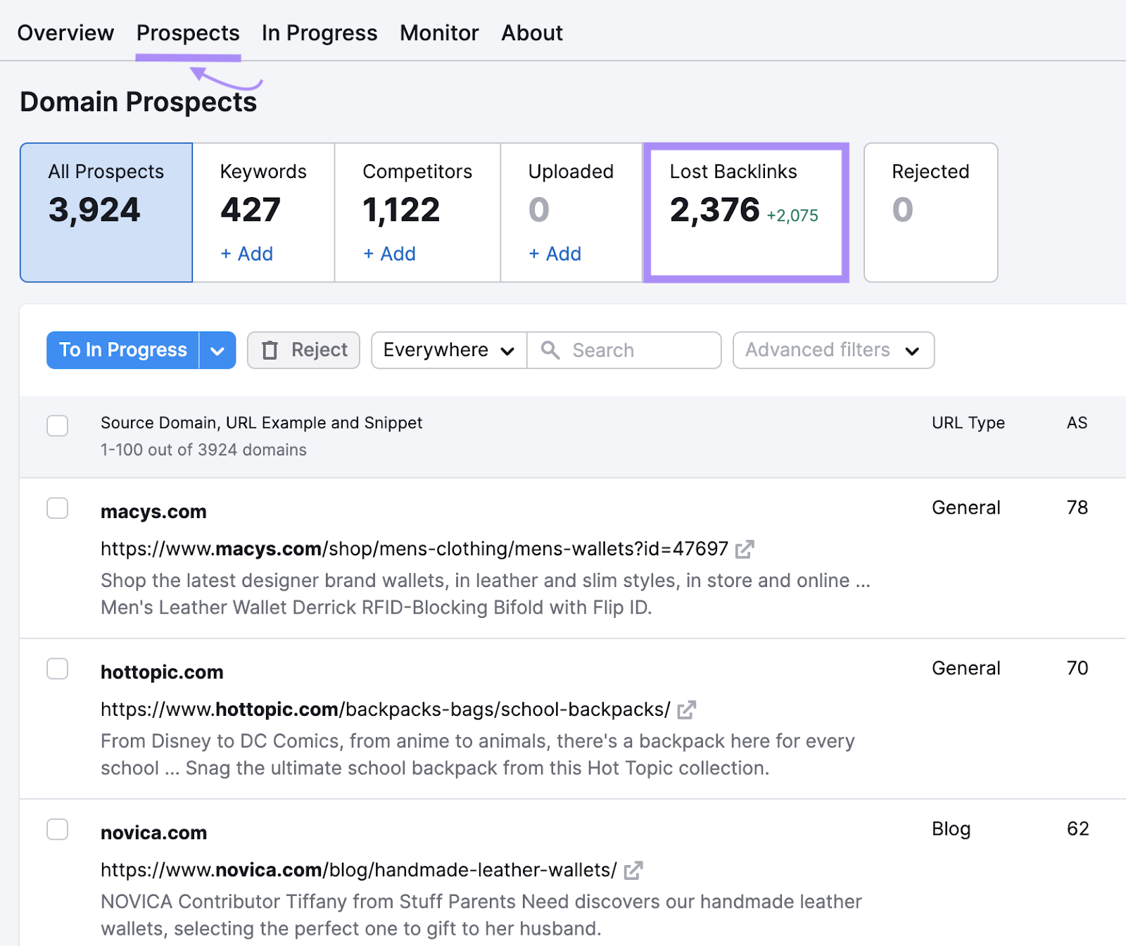 “Lost Backlinks” metric shows 2376 lost backlinks in Link Building tool