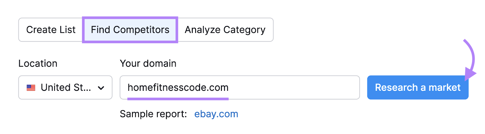 Market Explorer Find Competitors interface with homefitnesscode.com entered in the search bar.