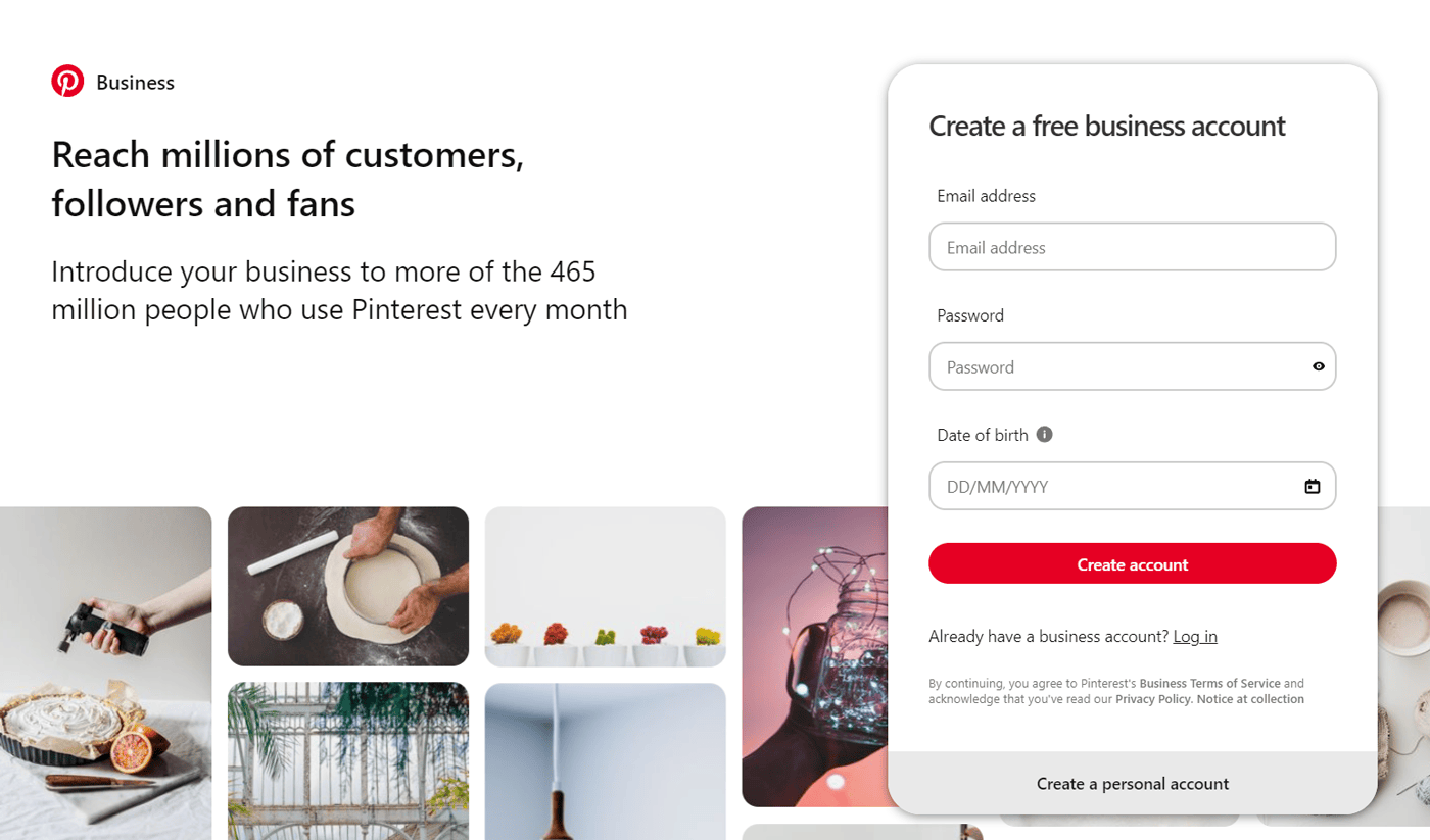 Pinterest business account creation screen.