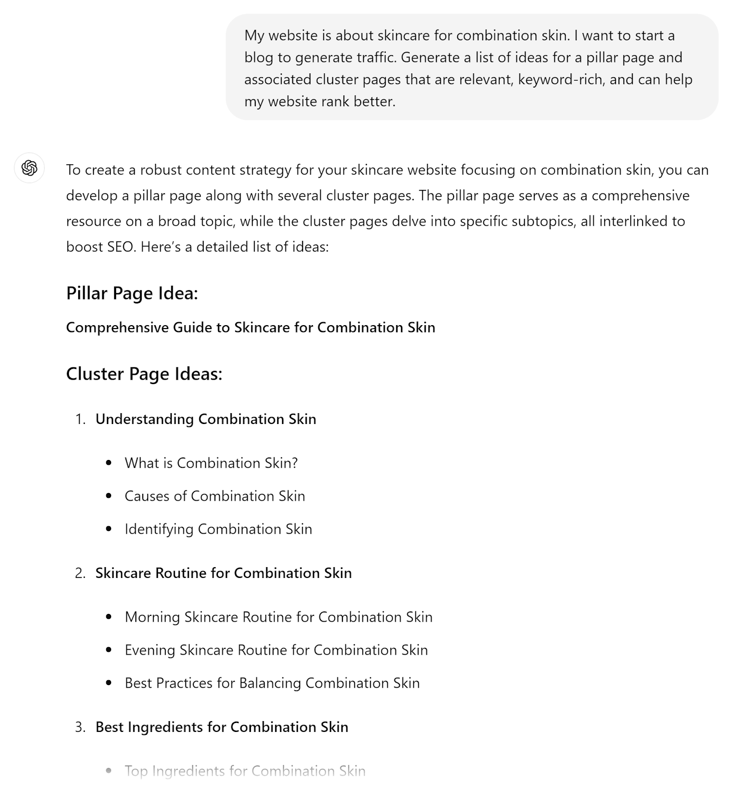 ChatGPT response to prompt asking it to generate pillar and cluster pages to generate traffic to a skincare blog.