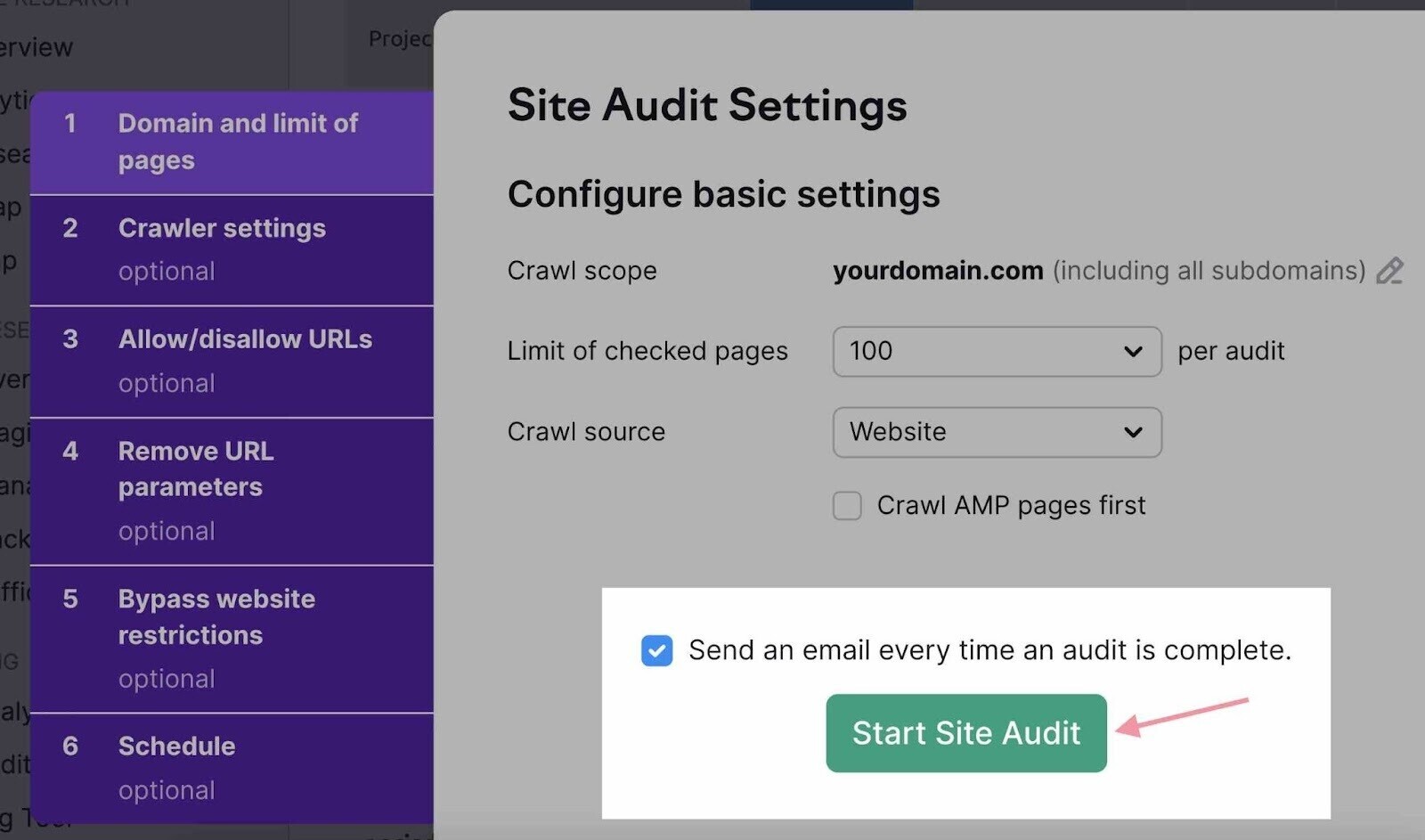 Site Audit settings page with the "Start Site Audit" button clicked