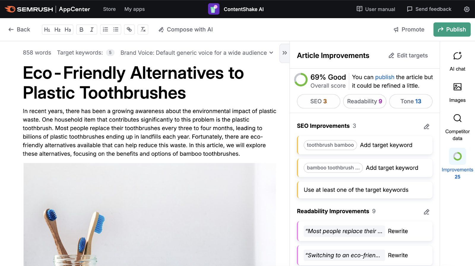 An article about alternatives to plastic toothbrushes has a score of 69% and shows improvements to SEO, tone, and readability.