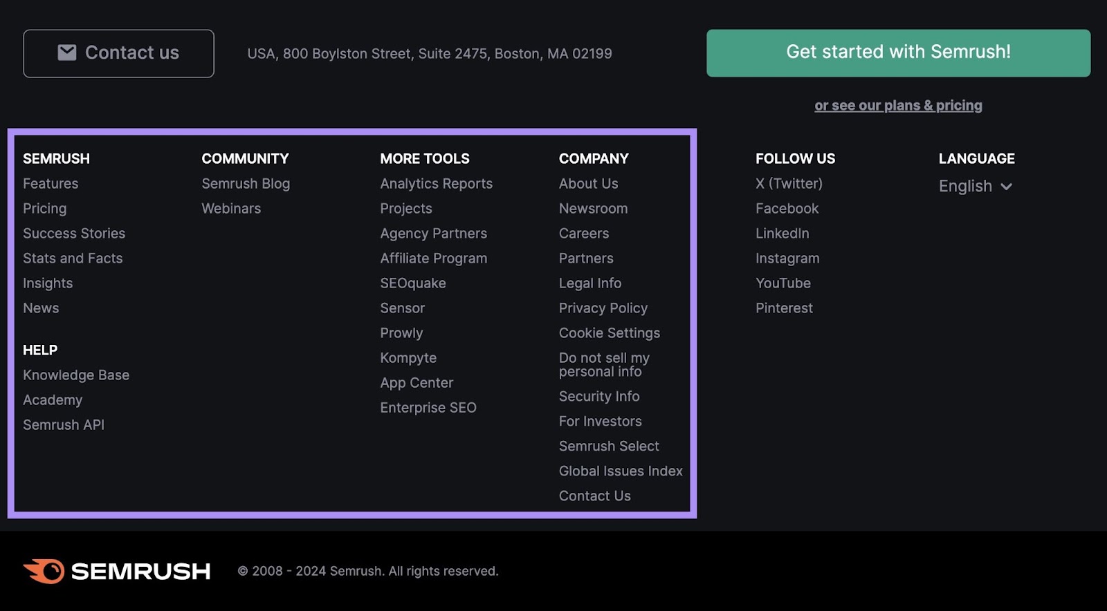 Semrush's website footer