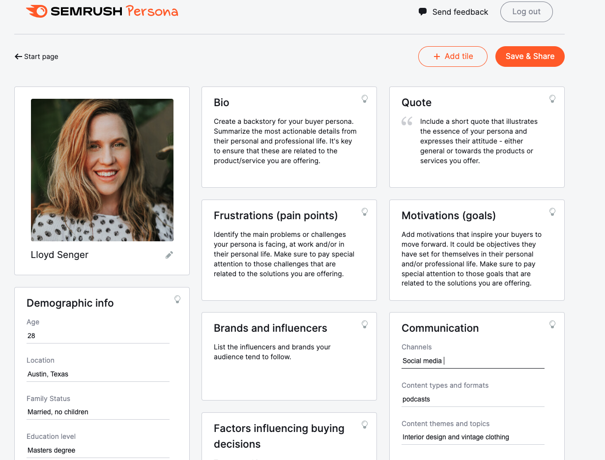 A buyer persona profile build in Semrush Persona tool