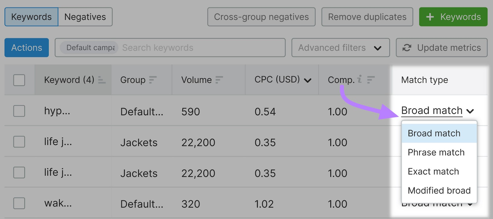 'Match type' drop-down menu with 'broad match,' 'phrase match,' 'exact match,' and 'modified match' options