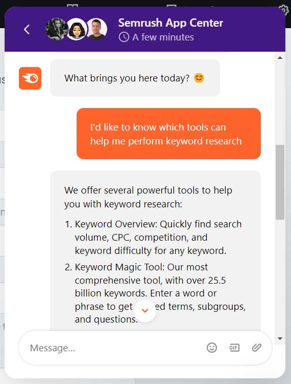 Semrush chatbot answering a question and guiding a user to the most suitable tools based on their query.