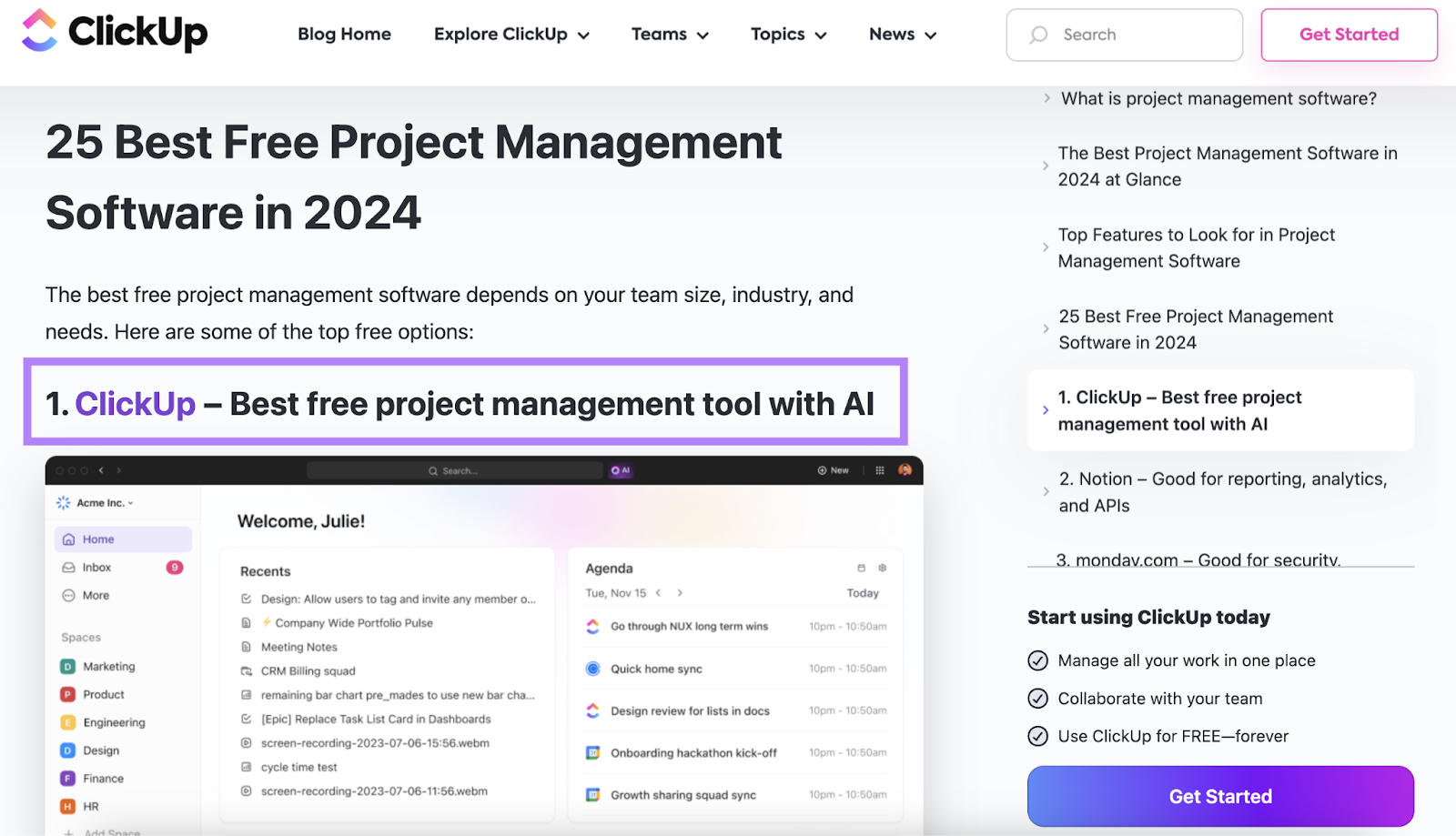 clickup's blog post about the best free project management software lists their own solution first